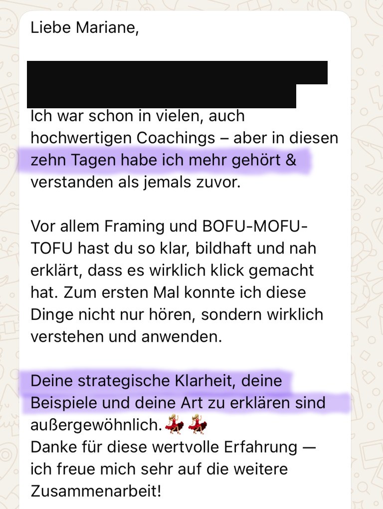 Anonymisierte Rückmeldung aus The High Ticket Brand über strategische Klarheit und verständliche Erklärungen.